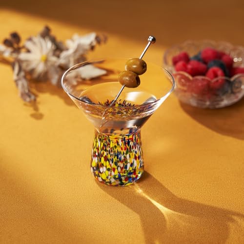 Large Stemless Martini Glasses – Set of 2-8oz Luxury Hand Blown Confetti Margarita, Martinis, Cocktails, Water, Wine, Dessert & Champagne Glasses Cinco de Mayo, Hand Blown - Mexican Confetti Glass Mexican Confetti Martini Glass