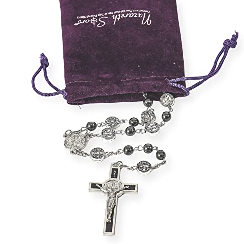 Nazareth Store Catholic Saint Benedict Hematite Stone Rosary Necklace for Men & Women with Crucifix and St. Benedict Medal