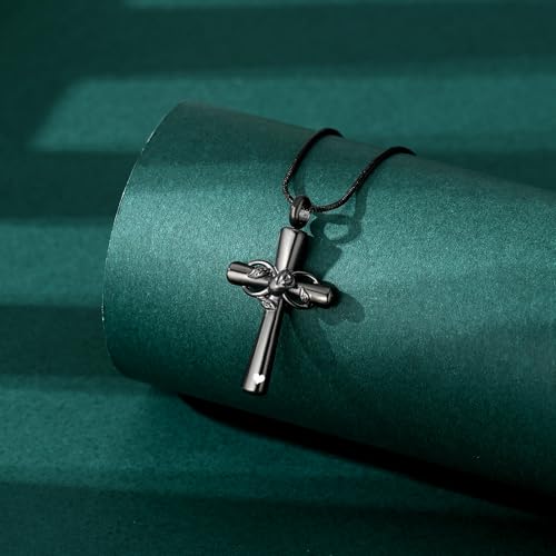 Rose Flower Cross Cremation Jewelry Urn Necklaces Stainless Steel Cross Urn Necklaces for Ashes Memorial Keepsake Pendant for Women Gifts With Funnel Kit & Bag Black