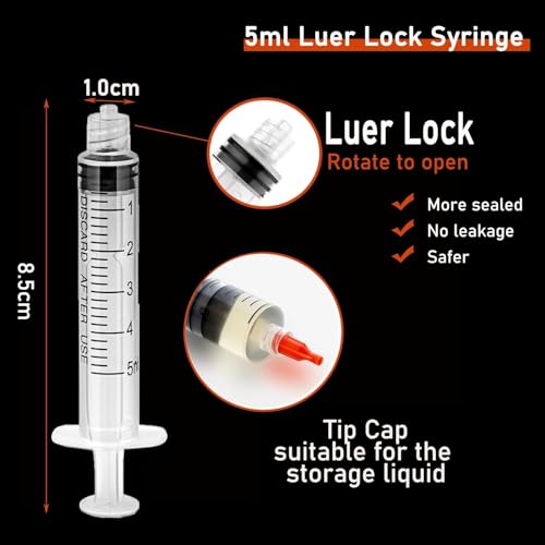 Pack of 5 5ml Ink Filling Syringes, Luer Lock Design, Plastic Syringes | With caps 1.5 inches, 14Ga, 16Ga, 18Ga, 20Ga, 22Ga, blunt tip for liquids, glue, ink 5 ml lure 5.0