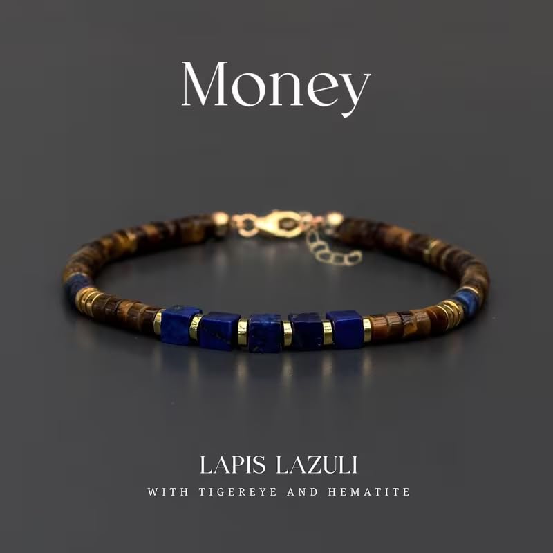 Feng Shui Wealth Bracelet for Men, Lapis Lazuli Tiger Eye Hematite Beaded Bracelet Adjustable Brown Blue Stone Bracelets Money Prosperity Spiritual Jewelry Gift Lapis Lazuli+Tiger Eye