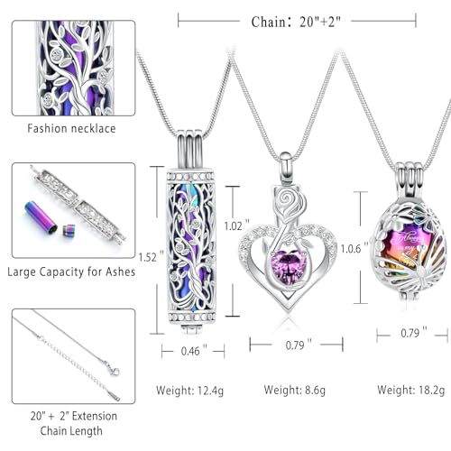 Cremation Jewelry Tree of Life Cylinder Roseflower Urn Necklace Set for Ashes for Women Memorial Keepsake Pendant Jewelry Holds Human & Pet Ashes of Loved Ones Rainbow-Purple