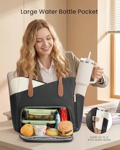 LOVEVOOK Lunch Bag for Women,2 in 1 PU Work Tote Bag with Lunch Compartment with Giant Tumbler Side Pocket, 15.6" Laptop Tote Bag with Padded Sleeve for Teacher,Nurse,College Black/Pinkish white/Dark amber 15.6 Inch