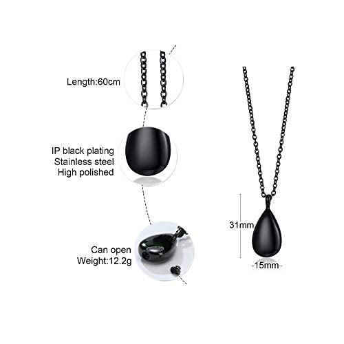 Rockyu Teardrop urn Necklaces for Ashes for Women Stainless Steel Simple Pear Shape Pendant Water Drop Keepsake Memory Dainty Necklace Chain 20 Inch Cremation Jewelry (Black)