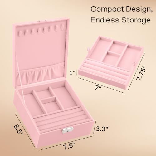Prestige & Fancy 2 Layer Jewelry Box Organizer for Men, Women & Girls 8.5 x 7.5 x 3.3 in | PU Leather Pink Jewelry Storage Organizer | jewelry storage box for Rings, Necklace & Bracelets