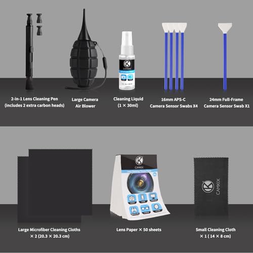 Camkix 14-in-1 Camera Lens Cleaning Kit - Includes Advanced Large Silicone Air Blower, 2in1 Lens Cleaning Pen, Dry Swabs, Cleaning Paper, 30 ML Optical Lens Spray for Mirrorless Cameras, APS-C, DSLR 14 in 1
