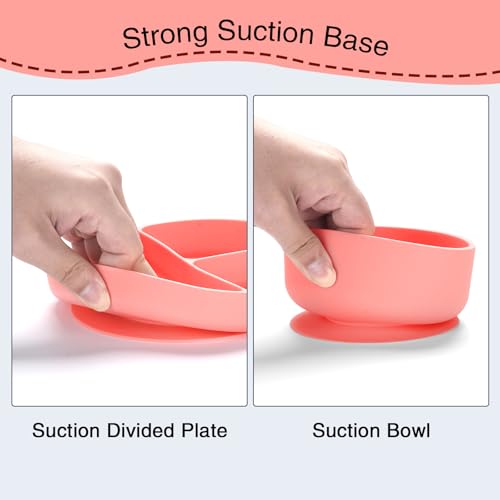 Silicone Baby Feeding Set - 13PCS Essentials With Suction Bowl, Plate, Spoons, Forks, Bib, Cup, Toothbrush - Led Weaning Supplies for 6+ Months Eating (Pink) Pink