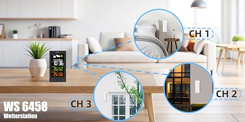 Wireless Weather Station WS6458 with TX308 Outdoor Transmitter, up to 3 Transmitters, Indoor Temperature, Outdoor Temperature, Indoor and Outdoor Humidity, Weather Trend Display, Dimmable Display