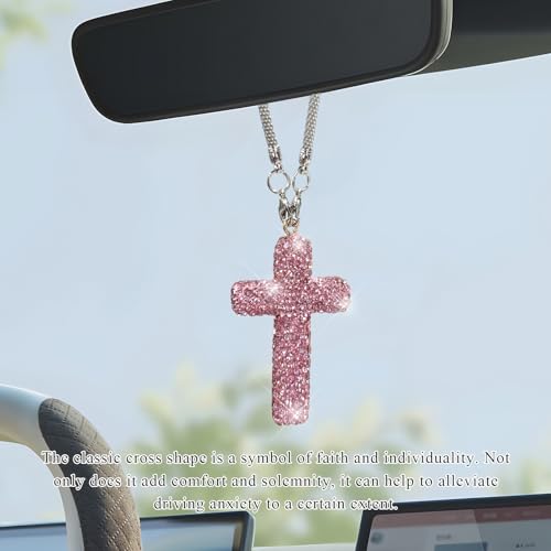 Bling Car Hanging Ornament, Crystal Rhinestone Cross Pendant Rearview Mirror Hanging Accessories, Sparkling Religious Charm Vehicle Interior Decoration for Women Men (Pink) Pink