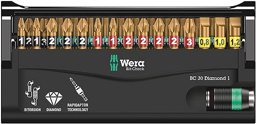 Wera Bit-Check 30 Diamond 1 Anti Cam-out BiTorsion Long Life bit set for drill/drivers PZ,PH,TX,SL 30 piece, 05057431001 Single