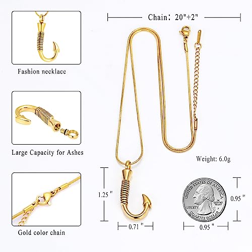Urn Necklace For Ashes,Fishing Hook Urn Necklace for Ashes Fish Hook Stainless Steel Cremation Jewelry Memorial Pendant Keepsake for Men Gold