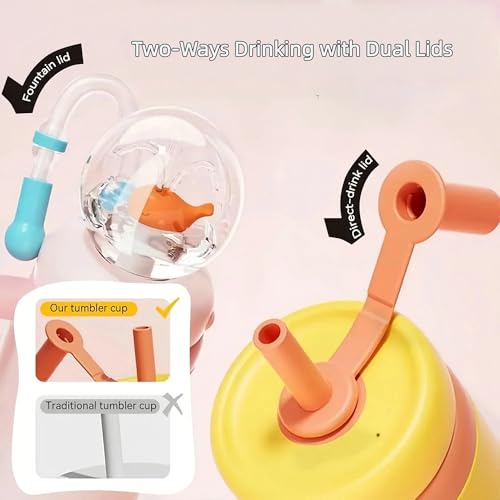 24oz Whale Fountain Tumbler Water Bottle | Leakproof Sippy Cups for Adults and Kids | Stainless Steel Insulated Cup with Weighted Straw & 2 Lids Yellow