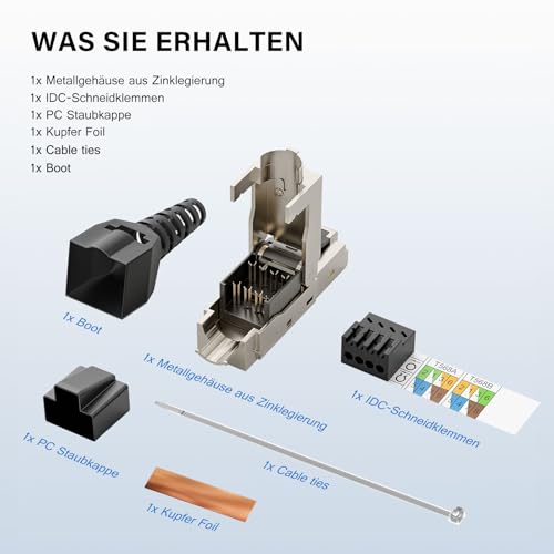 iwillink RJ45 Connector Toolless CAT7 Network Connector 10Gbps 4pcs | LAN plug Ethernet installation cable, premium LSA insulation terminal, CAT6 CAT6a CAT7 network cable, PoE support 4