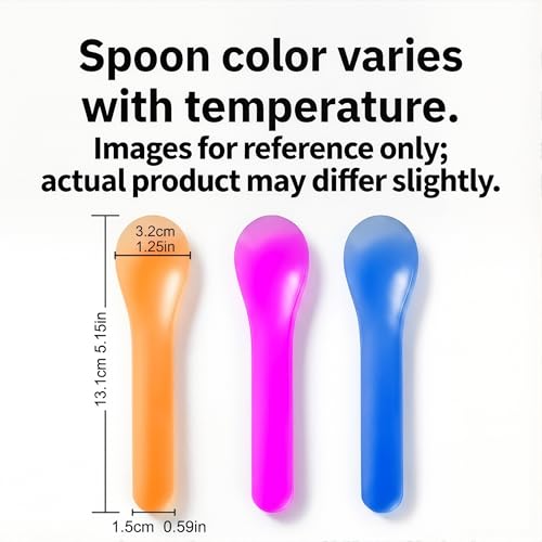 Color changing dessert spoons by Gugowin in pink, blue, orange, and purple, individually wrapped in an 80-pack.