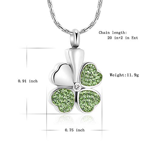 constantlife Cremation Jewelry Memorial Urn Necklace for Ashes Lucky Four-Leaf Clover Design Stainless Steel Pendant Keepsake Green,Silver