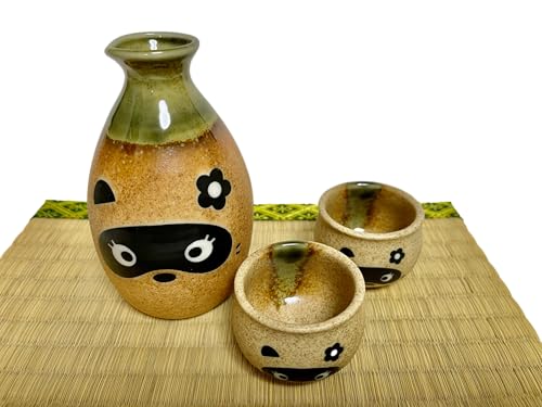 Japanese Mino Ware Ceramic Cute Girl Tanuki Raccoon Tokkuri(Sake bottle) & 2 Guinomi(Sake Cups) Made in Japan (Tanuki girl) Tanuki girl