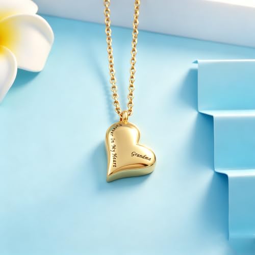 Heart Cremation Urn Necklaces for Ashes 'Forever in My Heart' Engraved Dad Mom Grandpa Grandma Keepsake Jewelry for Ashes Holder Human Ashes Locket Memorial Urn Pendant Necklace Gold-Grandma