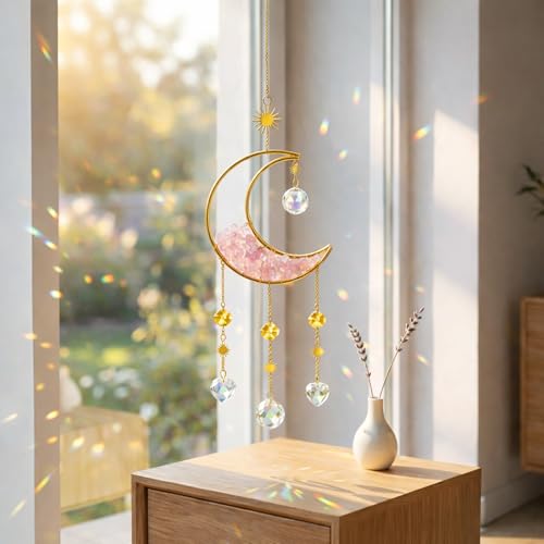 Moon Phase Crystal Suncatcher with Healing Stones, Boho Rainbow Maker Prism Window Hanging, Celestial Moon Sun Catcher for Home Decor, Meditation Room, Yoga Space, Gift for Women, Pink