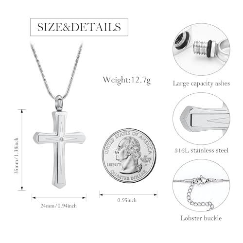 Stainless Steel Cross Urn Necklace for Ashes - Memorial Keepsake Pendant with Gift Box, Screw Top Seal Design, 20" Chain Included, Cremation Jewelry for Ashes Holder Silver