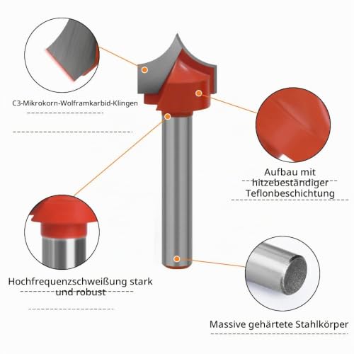 4-Piece Rounding Cutter 6 mm Shank Round Cutter Radius Cutter Set | Wood Router Cutter C3 Carbide Fitted Radius Sizes 3.96/4.76/6.35/7.96 mm 6mm Schaft