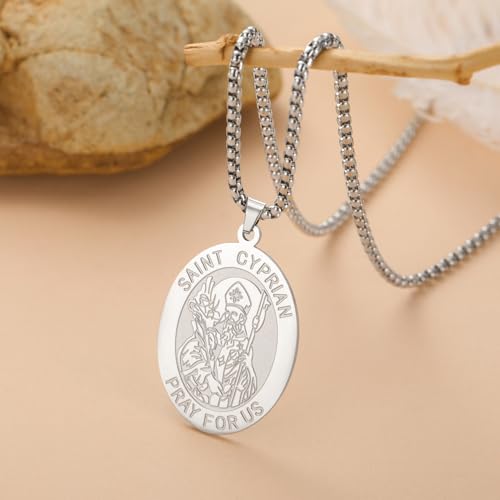 kkjoy Personalized Saint Cyprian PRAY FOR US Necklace Stainless Steel Oval Medal Pendant Protection Amulet Jewelry for Women Men Friends Couple Family Member Silver