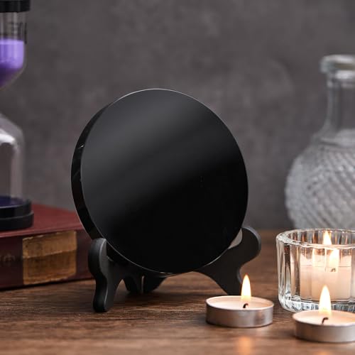 Kathfly 2 Pcs Obsidian Scrying Mirror 3.94 in with Wood Stand 3.94 in/10 Cm
