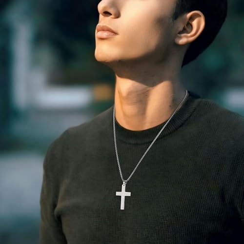 HZMAN Stainless Steel Cross Necklace for Men Women Inspiring Lord's Prayer Cross Pendant Jewelry Gift Silver