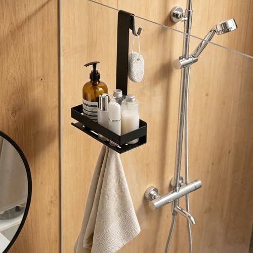 SHUNLI Hanging Over Door Shower Caddy - No Drilling Organiser Rust-Resistant Shower Organizer Hanging, Bathroom Storage Rack Shelves With Hook (Black) Black 1 Tier