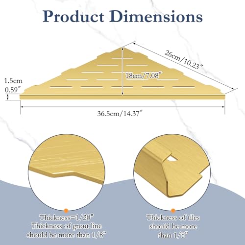 10'' Brushed Gold Corner Shower Shelves Bathroom Corner Shelf,304 Grade Stainless Steel Slot Design Recessed Corner Shelves Suitable for Tiled Wall,2-Pack