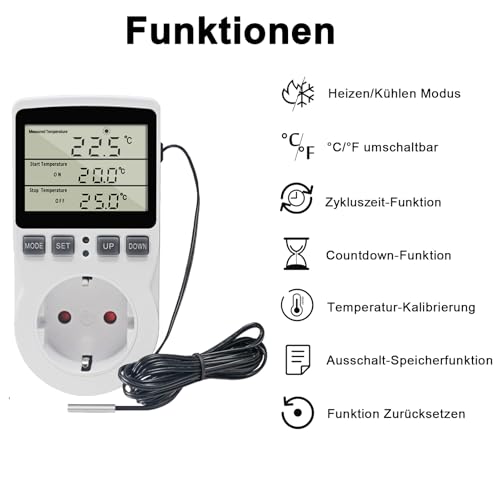 KETOTEK 230 V Temperature Controller Plug with Sensor, Digital Thermostat Plug with Timer, Plug Thermostat Timing Switch for Greenhouses, Aquariums, Heating, Cooling Without backlight