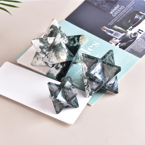JIC Gem Amazing Gemstone Merkaba Moss Agate Metaphysical Merkaba Star for Energy Generator Crystal and Healing Stones for Grid Home Decor Protection Spiritual Gifts Reiki (6-7cm) 2.36-2.75 Inch