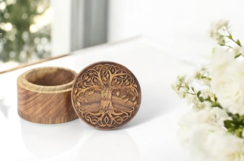 Small Wooden Urn for Human & Pet Ashes – Handcrafted Tree of Life Mini Memorial Keepsake – Decorative Round Cremation Urn for Dogs, Cats & Loved Ones Tree Design