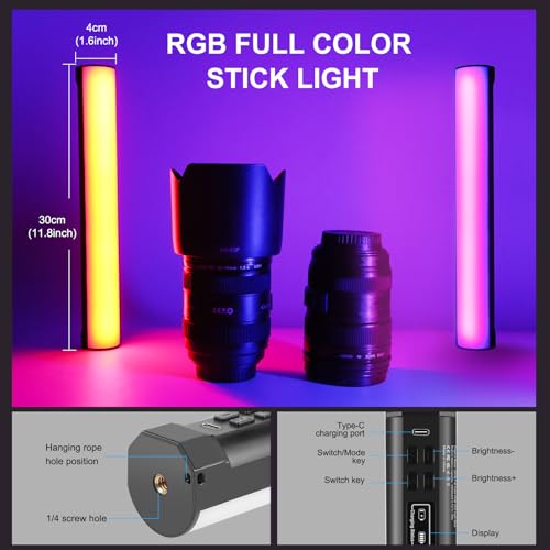114 LEDs RGB Video Light Wand, Magnetic Handheld Magnetic Tube Light 2500K-9000K CCT & 20 Scene Modes with 3000mAh Battery, 95+ CRI, 120° Beam Angle for Photography YouTube TikTok Vlog 11.8 inch