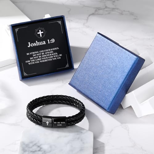 Christian Bracelet for Men, Bible Verse Leather Cross Gift for Men A-Joshua 1:9