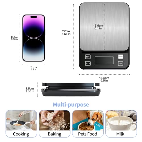 Waterproof Kitchen Scales IPX67, 10kg/22lbs Food Scales with 0.1g High Precision, 10 Units, TYPE-C Rechargeable, Stainless Steel Pan, LCD Display, for Baking, Cooking 10kg-Black