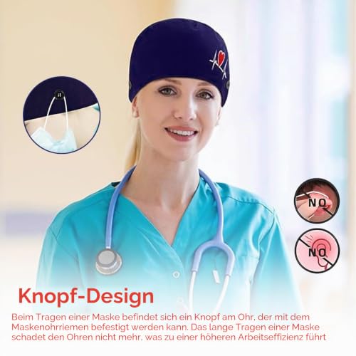 Pack of 2 surgical caps made of cotton, surgical cap fabric | Women's surgical caps with buttons, doctor costume accessory for doctors, nurses (navy blue)