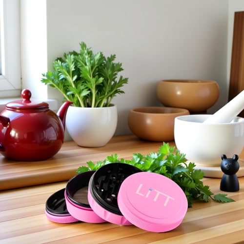 LITT Grinder - Premium Aluminium Herb Grinder with Unique Curved Teeth, Strong Magnetic Top Lid, 4-Piece Design, Kitchen Storage Accessories for Spices and Herbs | Pink