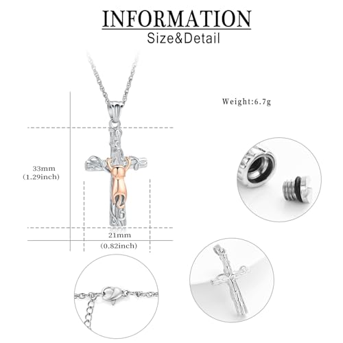 Cross Urn Necklace for Ashes Cross Necklace Pendant Cat Cremation Jewelry Stainless Steel Christians Memorial Keepsake Pet Urn Ash Pendant Ashes Necklace for Men Rose-Gold