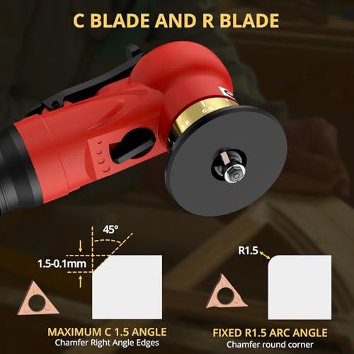 AMTOVL pneumatic chamfering tool with red body and interchangeable C-angle and R-angle deburring blades