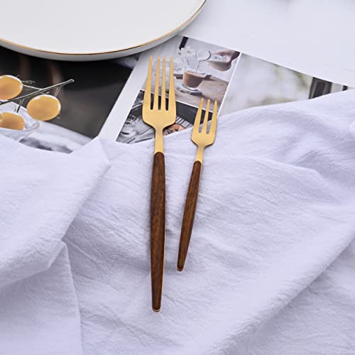 16-Piece Silverware Set with Cake Fork, Gold Stainless Steel Flatware Cutlery Set, Eating Utensils Set with Wooden effect Handle, Include Knife Fork Spoon, Mirror Polished, Dishwasher Safe Brown Gold