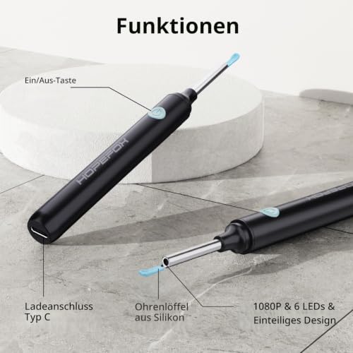 Ear Wax Remover, Ear Cleaner, 1080P HD WiFi Ear Cleaner with Camera and 6 LEDs Lights, Ear Cleaning for Baby, Children, Adults (Matte Black) | 1080P HD-Kamera, 6-Achsen-Gyroskop und WiFi-Verbindung für präzise Sicht. Ohrenschmalz Entferner mit 6 LED-Li...