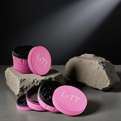 LITT Grinder - Premium Aluminium Herb Grinder with Unique Curved Teeth, Strong Magnetic Top Lid, 4-Piece Design, Kitchen Storage Accessories for Spices and Herbs | Pink