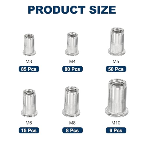 uxcell 304 stainless steel rivet nuts in M3, M4, M5, M6, M8 and M10 sizes, silver finish