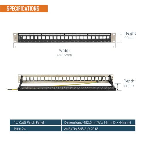 Tecmojo 19 Inch Patch Panel with 24 Ports, Empty, Suitable for Shielded and Unshielded Keystone Module Sockets, with Rear Cable Management, Black (19" Patch Panel with 24 Ports)