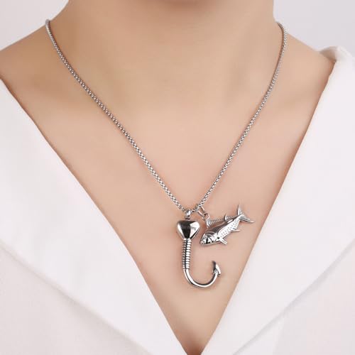 Fish Hook Urn Necklace For Men Stainless Steel Cremation Jewelry For Ashes Of Loved Ones Keepsake Pendant Dad Gone Fishing Silver