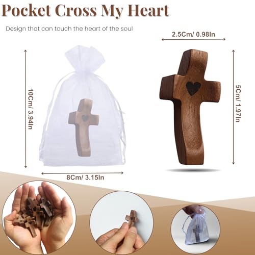 Wooden Cross Fidget My Heart with Organza Bags, Pocket Cross (5pcs) Walnut 5 Pcs