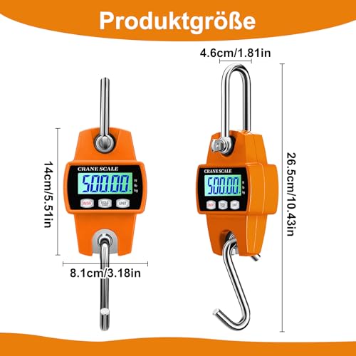 Digital Hanging Scale, 500 kg Industrial Hanging Electronic Wild Scale, Industrial Hanging Scale, Portable LCD Train Scales with Hooks for Farm, Farm, Factory, for Wharf Weighing, Luggage, Steel Raw | Industrie Hängende Waage Tragbare LCD Zugwaage mit ...