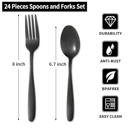 Set of 24 Amafox stainless steel dinner forks and spoons with black handles, ideal for everyday dining.