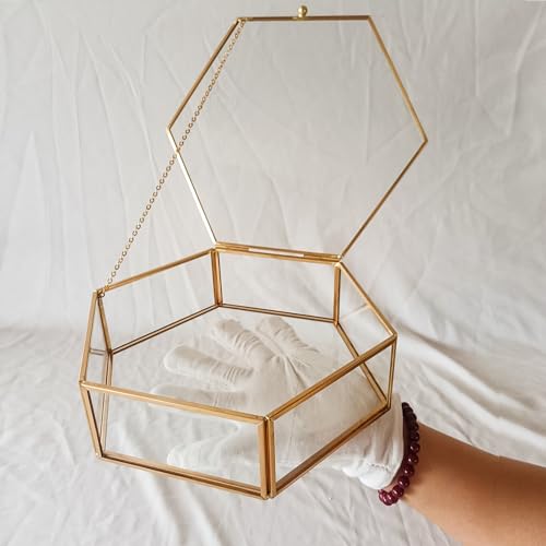 Large Glass Vintage Jewelry Box, Gold Hexagonal Jewelry Display Organizer Large - 8.7x7.5x2.4 inch