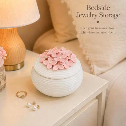 Pink Ceramic Floral Jewelry Box Ring Earring Holder Gift for Women Pink